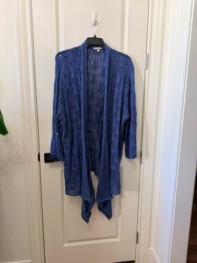 Woman Within Blue Crochet Open-Front Cardigan